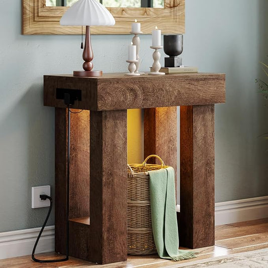 Unikito 32" Entryway Table with Socket and Sensor Light, Narrow Console Table with Storage Behind Couch, Farmhouse Entry Way Tables with Open Storage for Entrance/Hallway/Living Room