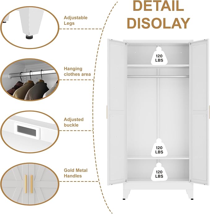 Metal armoire Wardrobe Closet with Hanging Rod,71'' Metal Wardrobe Cabinet with 2 Doors and 2 Adjustable Shelves, Bedroom armoires,Laundry Room cabinets,armario de ropa Closet(Classic, White)