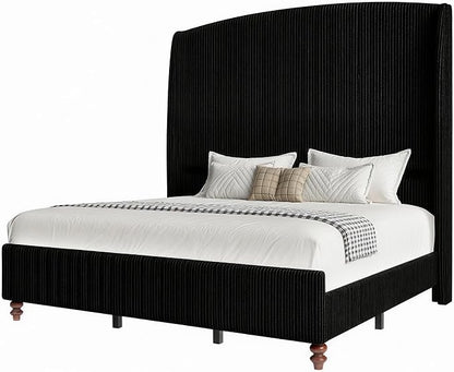 Queen Size 65.7" Tall Headboard Upholstered Bed Frame with Wingback, Soft Washable Corduroy Beds Cover, Solid Wood Legs, Noise-Free, No Box Spring Needed, Black