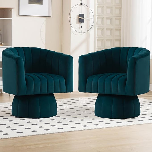 Swivel Accent Barrel Chair Set of 2- Cute Comfy Small Round 360° Arm Chair Velvet Sofa Club Reading Chair for Living Room Bedroom Office Green