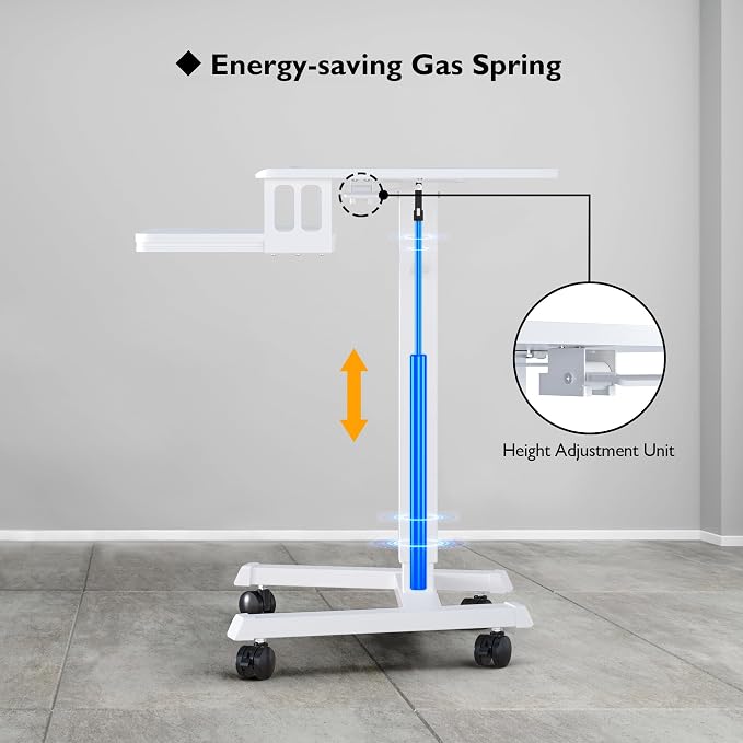 BONTEC Mobile Standing Desk with Keyboard Tray, Mobile Podium, Rolling Laptop Sit Stand Desk on Wheels, Adjustable Height Up to 33lbs, Portable Computer Workstation Cart for Living Room, Office, White