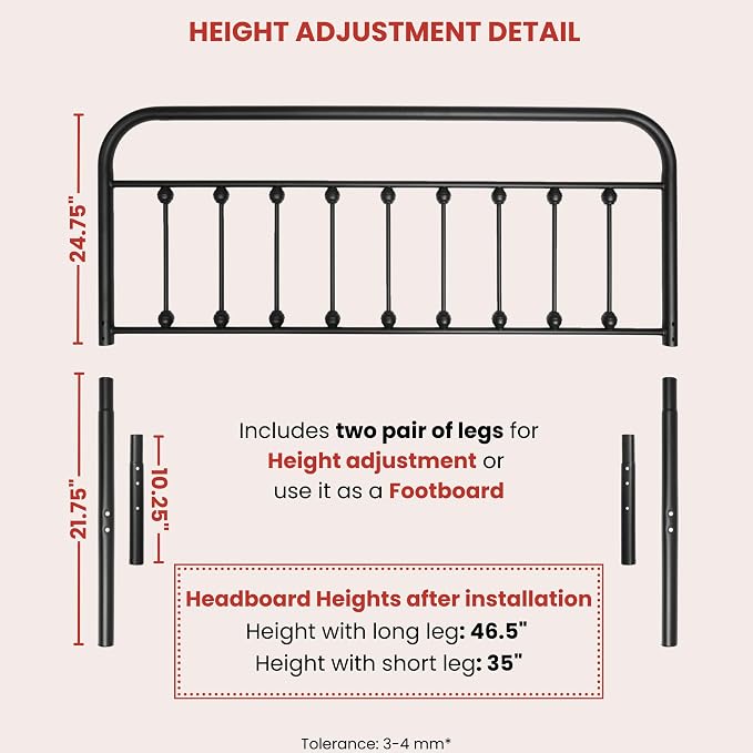 Vintage Metal Headboards, Adjustable Height Iron Frame, Farmhouse Rustic Style, Elegant and Durable Design, Easy Assembly, Universal Fit for Kids & Adults, Full Size, Black Finish