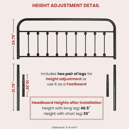 Vintage Metal Headboards, Adjustable Height Iron Frame, Farmhouse Rustic Style, Elegant and Durable Design, Easy Assembly, Universal Fit for Kids & Adults, Full Size, Black Finish