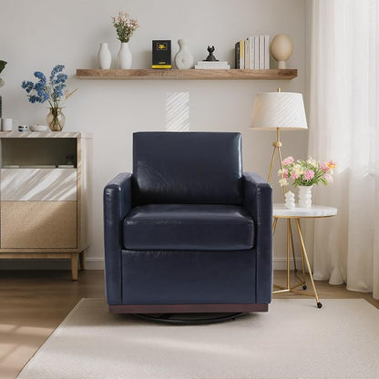 360° Swivel Accent Chair, 31" Wide Faux Leather Upholstered Club Armchairs for Living Room, Comfy Square Swivel Barrel Chair with Metal Base, Navy
