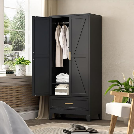 COFaR 71 Farmhouse Metal Wardrobe Closet with Hanging Rod, 2 Barn Doors, Adjustable Shelves, Steel Armoire with Drawer for Home, Bedroom Black