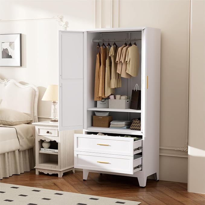 Metal Wardrobe Closet, Armoire Wardrobe with Two Drawers Clothes Cabinet for Bedroom, 71" Tall Farmhouse Steel Armoire Closet with Drawers and 2 Doors Clothing Storage Cabinet with Hanging Rod