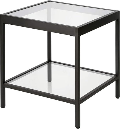 Henn&Hart 20" Wide Square Side Table in Blackened Bronze, Table for Living Room, Bedroom | Two-tiered glass shelves with a metal frame, offering open display space for living rooms, offices, or bedrooms