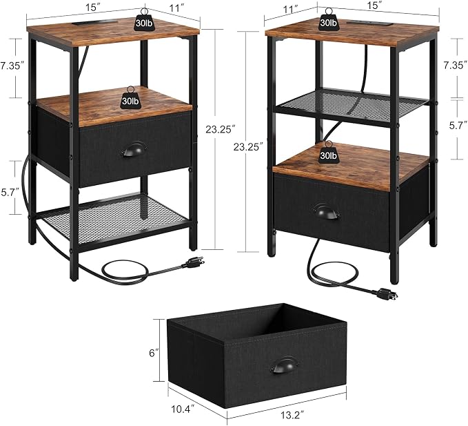 sthmec Nightstands Set of 2, LED Bedside Tables with Charging Station and Fabric Drawer, Night Stand with Storage, 3 Tier Side Table with Open Shelf, LED Nightstands with Charging Station,Rustic Brown