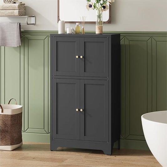 Metal Bathroom Storage Cabinet, Freestanding Pantry Floor Cabinet with 4 Doors and 2 Adjustable Shelves for Living Room, Dining Room, Kitchen