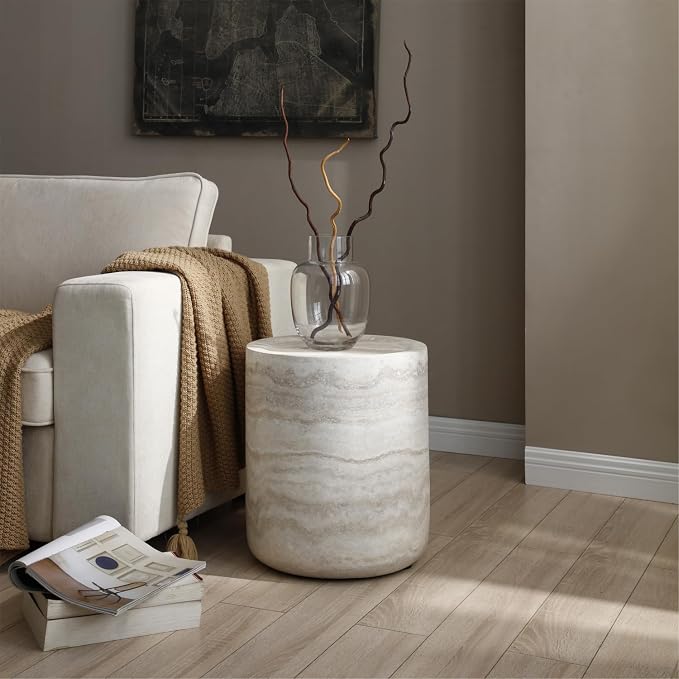 15.74" Small Round Side Table, Faux Marble Stone Coffee Table, French Country Rustic Circle End Table, Modern Minimalist Fiberglass Tea Table for Living Room Apartment Office, No Assembly