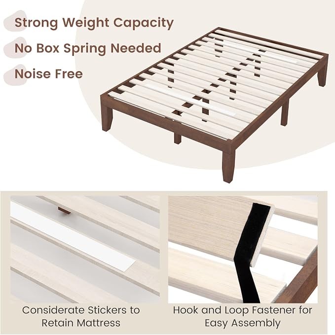 COSTWAY Wood Platform Bed Frame, 14 Inches Solid Rubber Wood Bed Mattress Foundation with Sturdy Slats Support, Easy Assembly Bed Frame for Home Hotel, No Box Spring Needed (Walnut, Full)