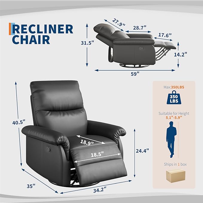 IDEALHOUSE Manual Recliner Chair, 360° Swivel Rocker Glider Recliner with Padded Armrests, Modern PU Leather Upholstered Reclining Chair for Living Room Bedroom and Nursery (Dark Black)