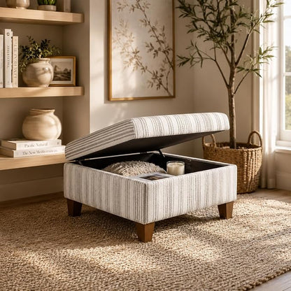 HomePop Harper Luxury 28" Square Storage Ottoman - Gray Striped Pattern