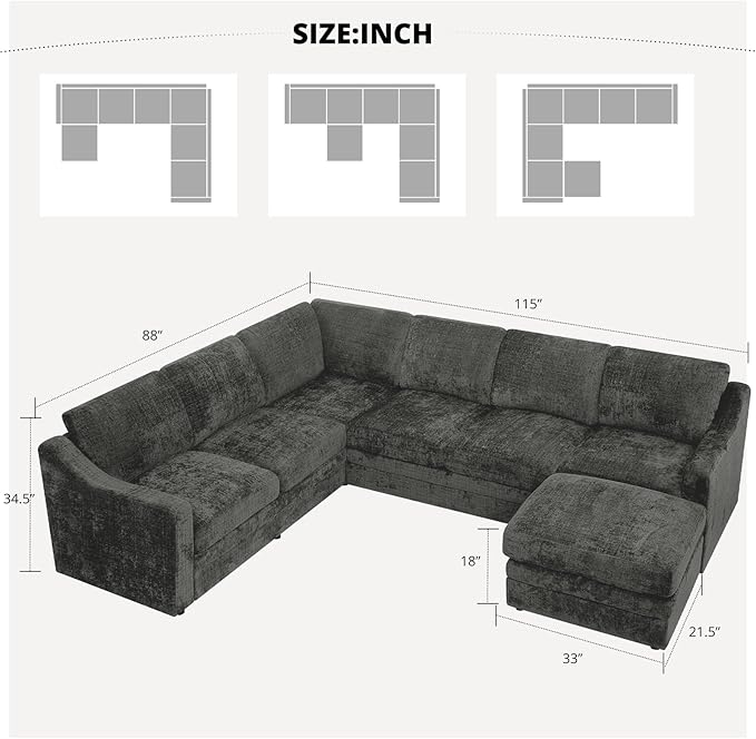 115 Inches Chenille Sectional Sofa with Storage Ottoman, Modern 7 Seats Corner Couch with Deep Seat, Comfy Modular U Shaped Couch with Comfortable Cushions for Living Room, Grey