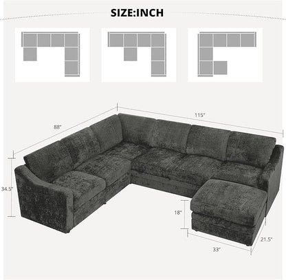 115 Inches Chenille Sectional Sofa with Storage Ottoman, Modern 7 Seats Corner Couch with Deep Seat, Comfy Modular U Shaped Couch with Comfortable Cushions for Living Room, Grey