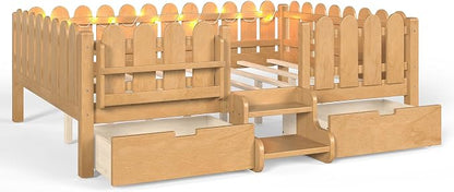 Bellemave Queen Kids Montessori Bed with Stairs, Bookshelf and LED Lights, Solid Wood Kids Bed Frame with Storage Drawers for Boys Girls, Low Profile,Natural