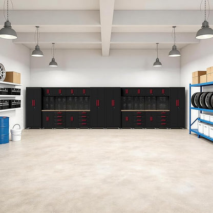Garage Storage Cabinet System, 24PCS Garage Cabinets and Storage System Workshop Set with Red Cabinet, Cabinet Drawers, Workbench, Pegboard for Tool Organization,Red Handle