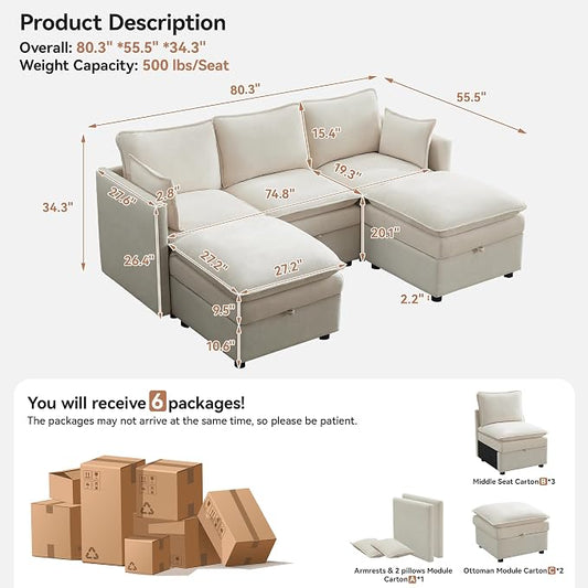 80" Cloud Modular 3 Seater Sofa with 2 Storage Ottoman, Modern Upholstered Storage Sofa Couch Deep Seat, U Shape Sectional Sofa Chenille Comfy Couch with Armrests for Living Room, Small Space, Beige