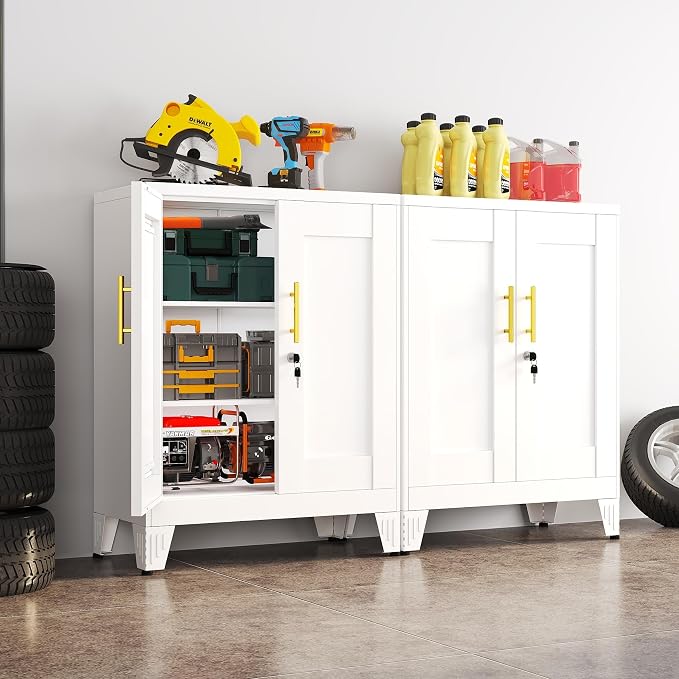 White Metal Storage Cabinet, 36" Tall Locking Storage Cabinet, 14”D | with 2 Adjustable Shelves, Steel Locker Organizer, Metal Freestanding Buffet Cupboards Sideboard for Office, Home, School,2PS