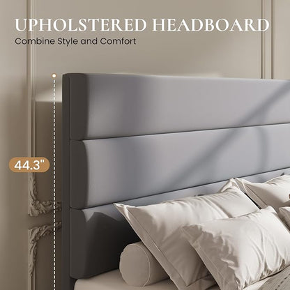 SHA CERLIN Full Size Platform Bed Frame with 4 Storage Drawers, Velvet Upholstered Headboard, Mattress Foundation with Wooden Slats Support, No Box Spring Needed, Easy Assembly, Grey