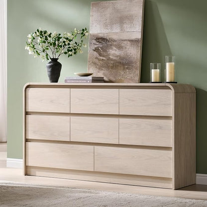 Aitjunz Modern 8 Drawers Dresser for Bedroom, 55" Wide Wood Dressers, Cream | Wooden Dressers & Chest of Drawers with Curved Profile Design, Mid Century Storage Dressers Organizer with Handleless Design