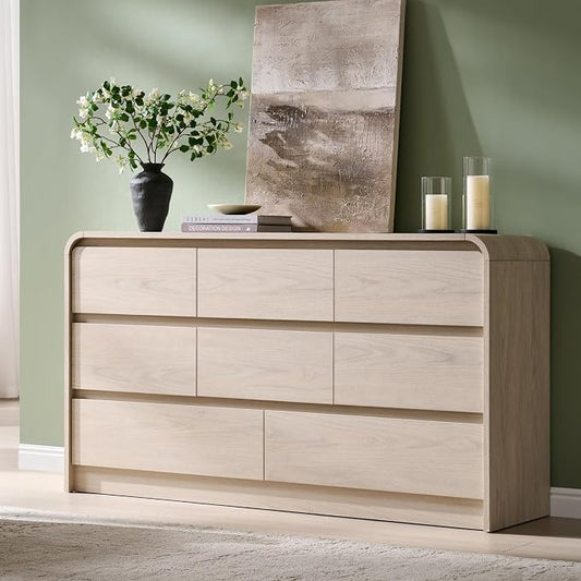 Aitjunz Modern 8 Drawers Dresser for Bedroom, 55" Wide Wood Dressers, Cream | Wooden Dressers & Chest of Drawers with Curved Profile Design, Mid Century Storage Dressers Organizer with Handleless Design