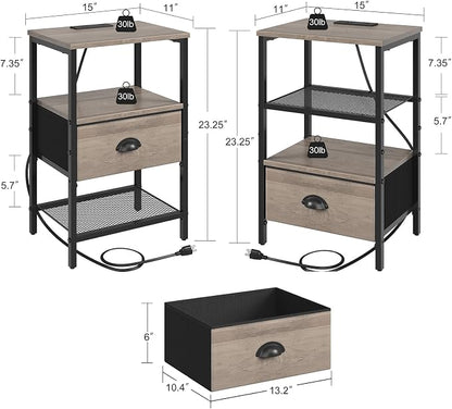 sthmec Nightstands Set of 2, LED Night Stands with Charging Station and Fabric Drawer, Bedside Tables with Drawers, 2- Tier LED Side Table End Table Charging Station Bedroom, Grey