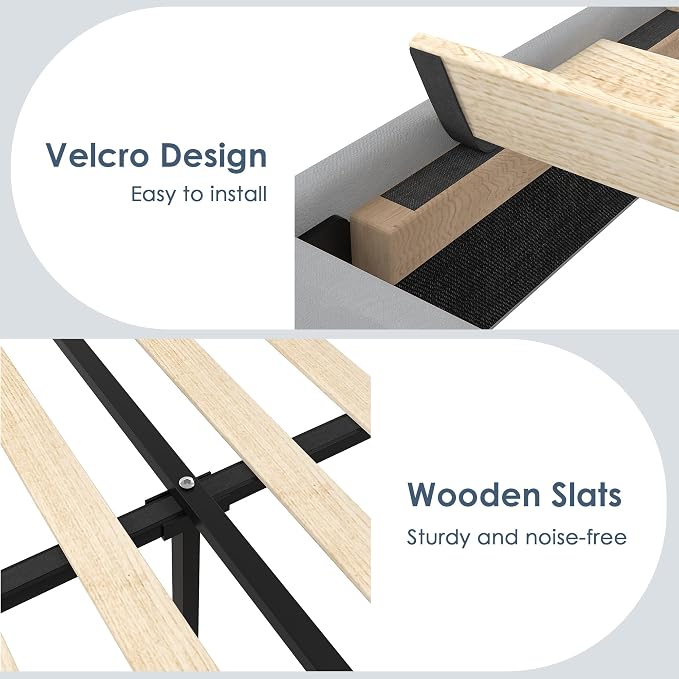 VECELO Twin Size Platform Bed Frame with Height Adjustable Upholstered Headboard, Modern Mattress Foundation,Strong Wood Slat Support, No Box Spring Needed, Easy Assembly,Light Grey
