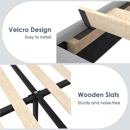 VECELO Twin Size Platform Bed Frame with Height Adjustable Upholstered Headboard, Modern Mattress Foundation,Strong Wood Slat Support, No Box Spring Needed, Easy Assembly,Light Grey