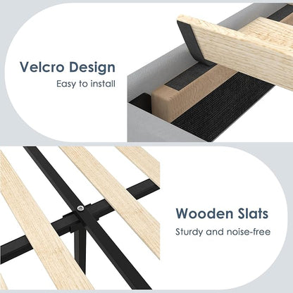 VECELO Queen Size Platform Bed Frame with Height Adjustable Upholstered Headboard, Modern Mattress Foundation,Strong Wood Slat Support, No Box Spring Needed, Easy Assembly,Light Grey