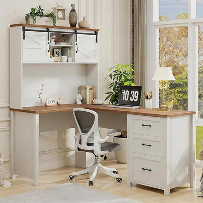 Vabches Farmhouse 68" H L Shaped Desk with Hutch,Office Table with 3 Drawers and Sliding Doors, Executive Desk with File Drawers, Wood Workstation for Home Office and Study