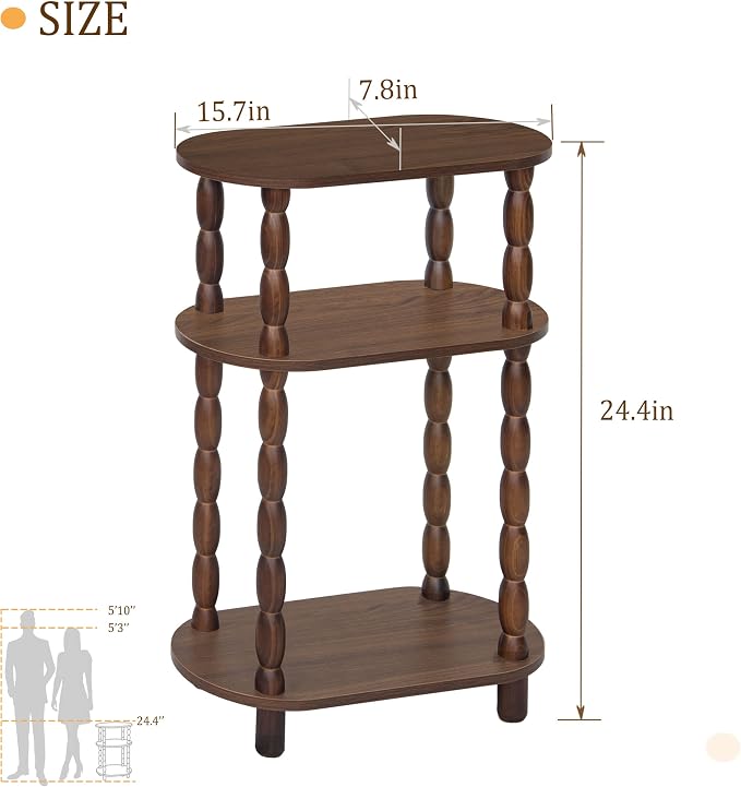 MaxSmeo Small Side Table, 3-Tier Narrow Small End Table with Storage, Skinny Bedside Table Nightstand, Bedrooms, Living Room (Walnut Brown)