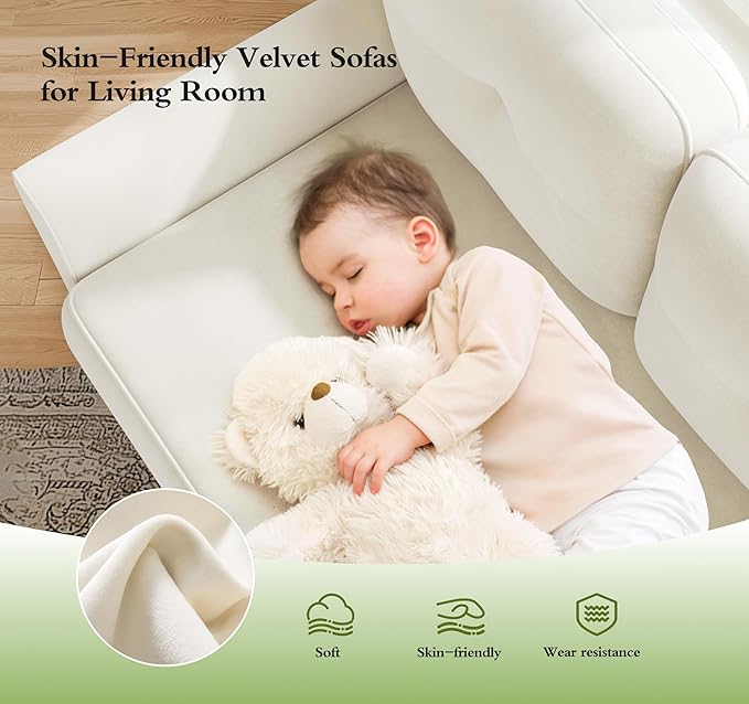 Small Sectional Couch, 83" U Shaped Couch, Comfy Velvet Couches for Living Room, Tool-Free Setup Modular Sectional Sofa, 850lbs Load Sofas for Living Room with 2 Movable Ottomans, White Couch