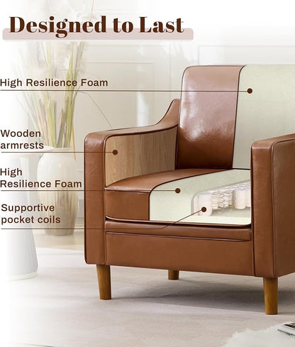 Kingfun Accent Chair Set of 2, Living Room Chairs, Faux Leather Reading Armchair, Mid Century with Solid Wood Foot, Upholstered Modern Decor for Bedroom, Apartment