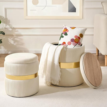 Round Ottoman with Storage Set of 2 Small Ottoman Coffee Table, Foot Stool, Vanity Chair, Removable Lid, for Living Room, Bedroom, Hallway, Assembly Free (White with Middle Gold)