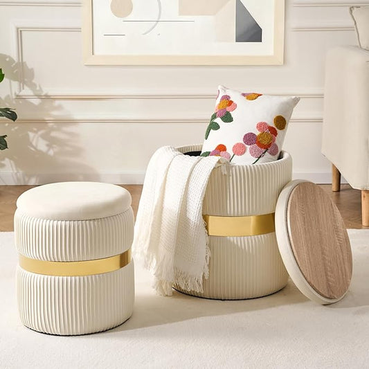 Round Ottoman with Storage Set of 2 Small Ottoman Coffee Table, Foot Stool, Vanity Chair, Removable Lid, for Living Room, Bedroom, Hallway, Assembly Free (White with Middle Gold)