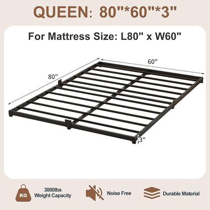 3 Inch Low Profile Queen Size Bed Frame, Noise-Free Heavy Duty Metal Platform with Mattress Stopper, No Box Spring Needed, Easy Assembly Steel Support, Black