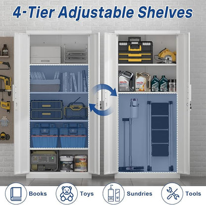 White Metal Storage Cabinet with Doors and Shelves, 71" Tall Metal Garage Cabinets with Lock, Lockable Office Storage Cabinets, Steel Tool Cabinets for Home Office,Garage,Shop