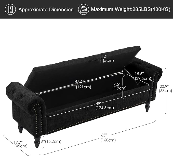 Furniliving 63” End of Bed Storage Bench, Bedroom Bench with Button-Tufted, Upholstered Storage Ottoman Benches Window Bench with Storage, Chenille Bench for Living Room, Entryway, Black