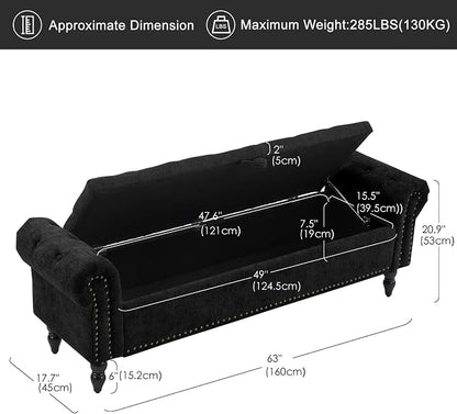 Furniliving 63” End of Bed Storage Bench, Bedroom Bench with Button-Tufted, Upholstered Storage Ottoman Benches Window Bench with Storage, Chenille Bench for Living Room, Entryway, Black