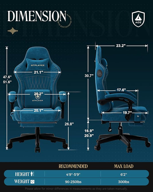 GTPLAYER Gaming Chair with Speakers, Video Game Chairs with Footrest, PC Gamer Chairs for Adults - Padded High Back Ergonomic Reclining Silla Gamer, Linkage Armrest, Ace Pro, Blue (Velvet)