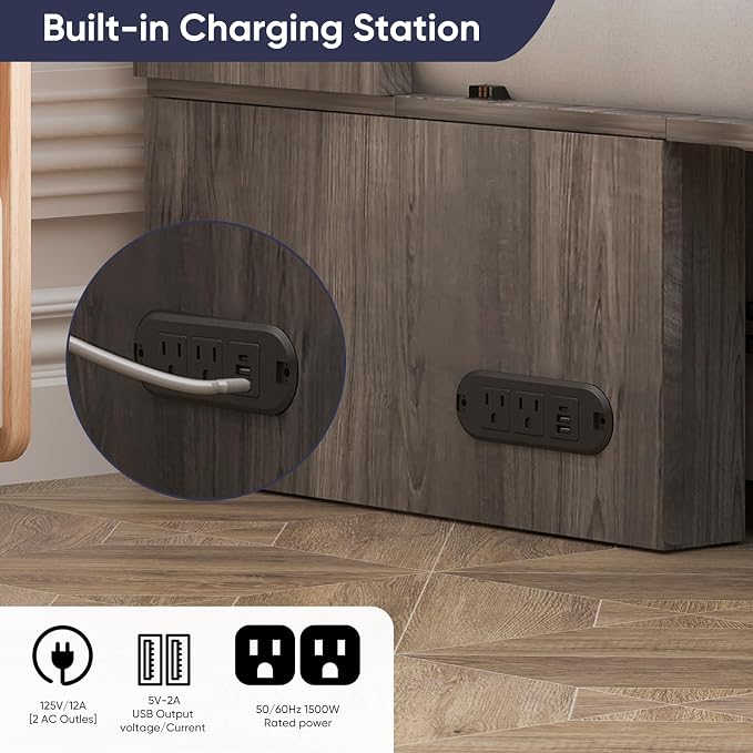 ijuicy Queen Murphy Cabinet Bed, Storage & Charge, No Mattress, Grey | Queen Murphy Bed Built-in multifunctional charging station & storage drawers, space-saving foldaway design for guest room.