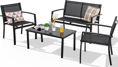 Shintenchi 4 Pieces Patio Furniture Set All Weather Textile Fabric Outdoor Conversation Set, with Glass Coffee Table, Loveseat, 2 Single Chairs for Home, Garden, Lawn, Porch（Black）