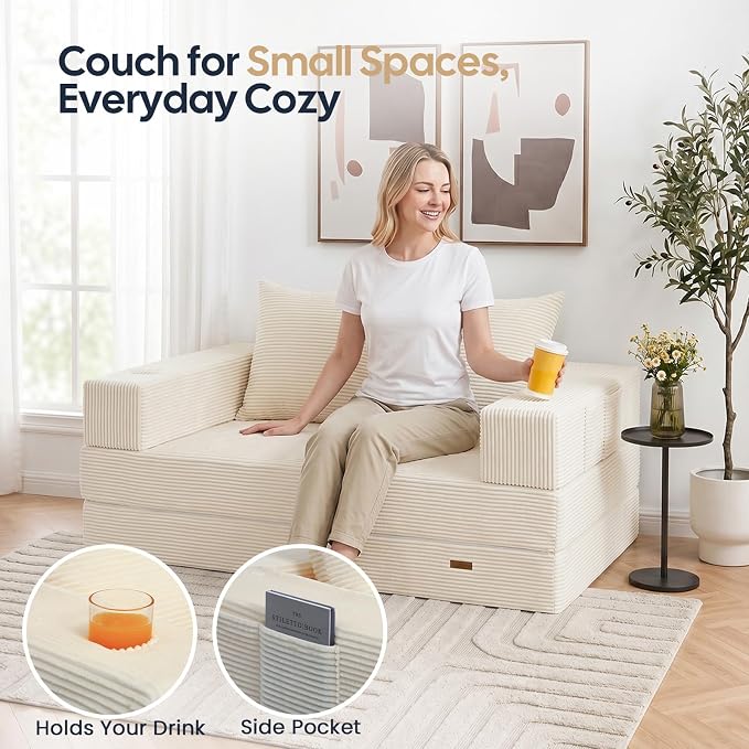 COMAX Futon Sofa Bed, Convertible Sofa Bed, Folding Boneless Couches | Boneless Couch for living room, 4‑in‑1 Fold Out Small Foldable Loveseat Floor Sleeper Mattress Lounge Space‑Saving, Beige