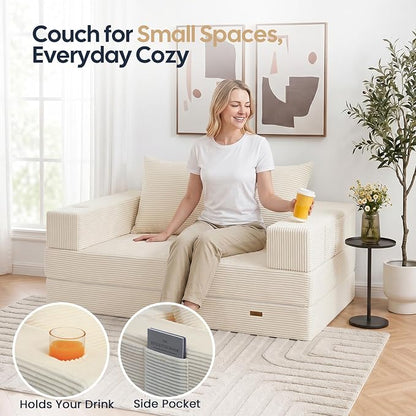 COMAX Futon Sofa Bed, Convertible Sofa Bed, Folding Boneless Couches | Boneless Couch for living room, 4‑in‑1 Fold Out Small Foldable Loveseat Floor Sleeper Mattress Lounge Space‑Saving, Beige