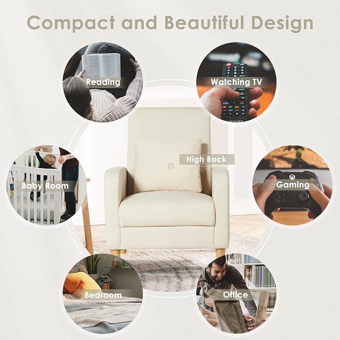 COLAMY Mid-Century Modern Upholstered Accent Chair with Back Pillow & Solid Wood Legs, Fabric Cozy Armchair for Living Room, Bedroom, Reading Nook, Apartment & Small Spaces, White