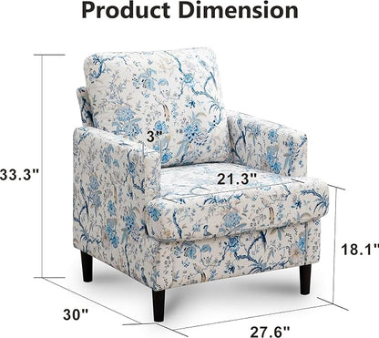 Weture Mid-Century Accent Chair,Modern Linen Fabric Armchair for Living Room,Comfy Upholstered Reading Accent Chairs for Bedroom,Single Sofa Chair with Wood Legs (Blue Flowered Bird, 1 Pack)
