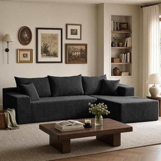Boneless Couch, 102.4" Sectional Couches for Living Room with L Shape Sofa | Cloud Couch Sectional with Chaise, Modular Cloud Sofa with Deep Seat, No Assembly, Black, Corduroy, Right Chaise