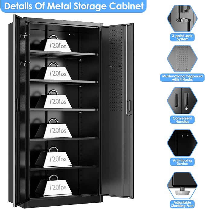SUXXAN Metal Storage Cabinet with Pegboard 71'' x 34'' x 18'',Lockable Steel Storage Cabinet with 5 Adjustable Shelves and Door for Garage, Office, Kitchen, Assembly Required(Black)