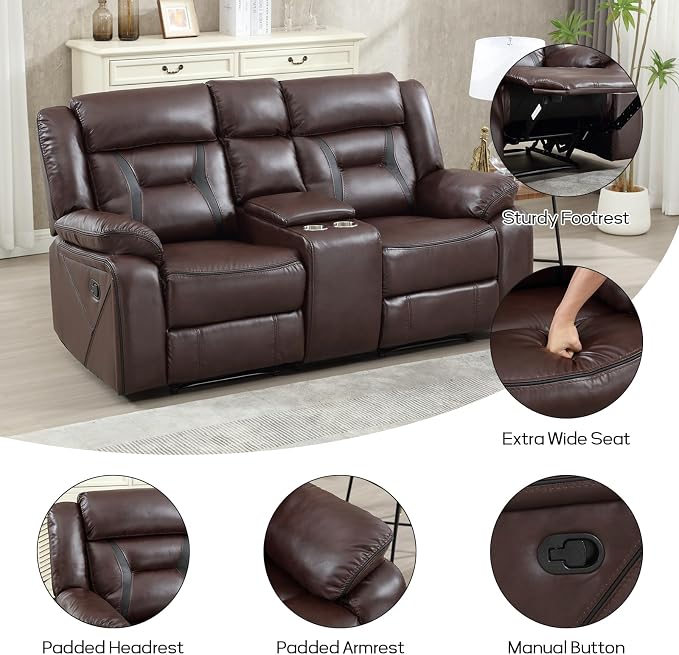 EBELLO Manual Recliner Sofa Set, Faux Leather Reclining Living Room Furniture Set, Included Single Recliner Chair and Manual Loveseat Sofa, Dark Brown